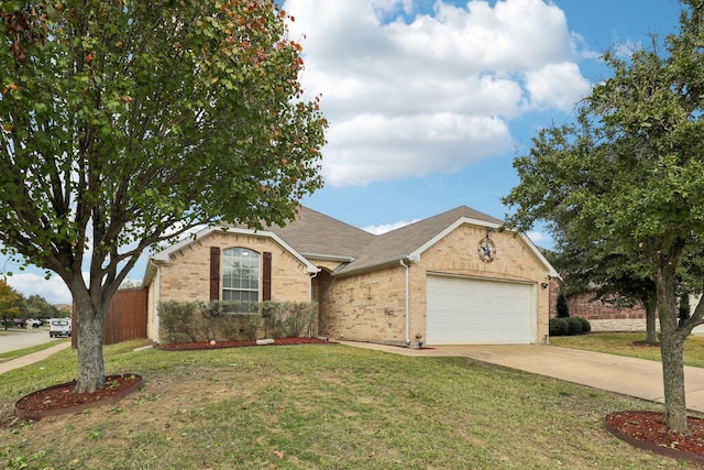 ranch-style house featuring a garage and a front lawn