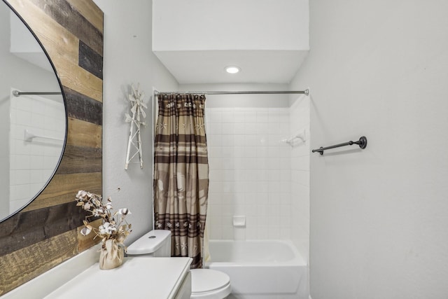 full bath featuring toilet, shower / bathtub combination with curtain, and vanity