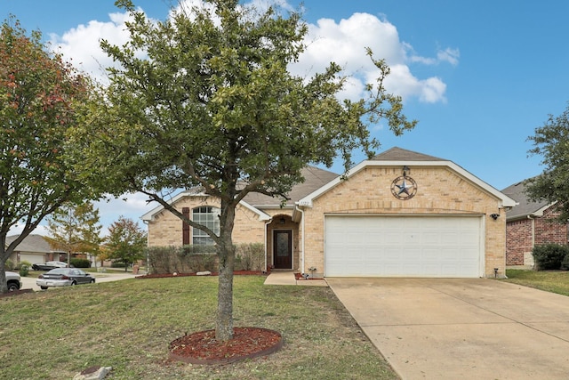 single story home featuring a garage, concrete driveway, brick siding, and a front lawn