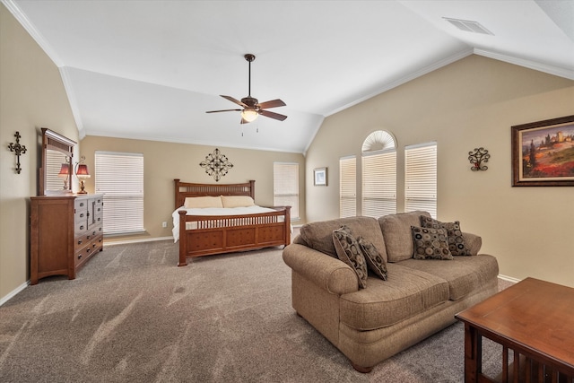 bedroom featuring multiple windows, ceiling fan, carpet, and lofted ceiling