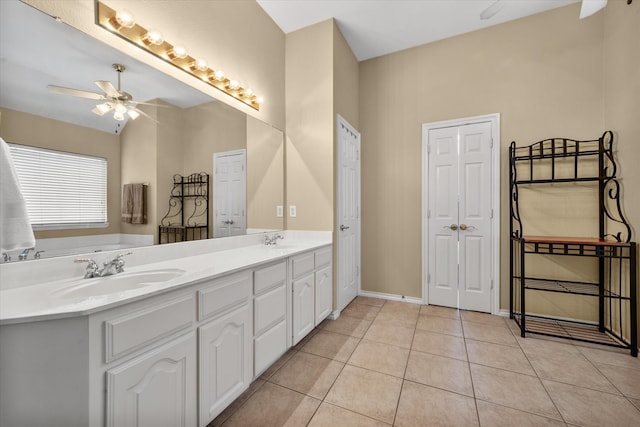 bathroom with vanity, tile patterned floors, and ceiling fan