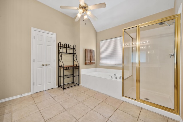 bathroom featuring tile patterned floors, separate shower and tub, ceiling fan, and vaulted ceiling