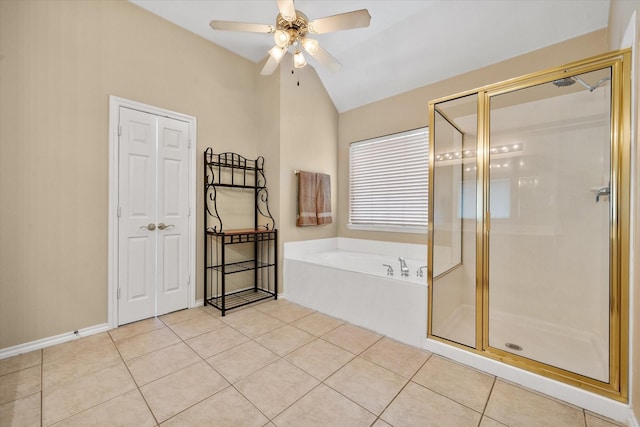 bathroom with lofted ceiling, separate shower and tub, tile patterned floors, and ceiling fan