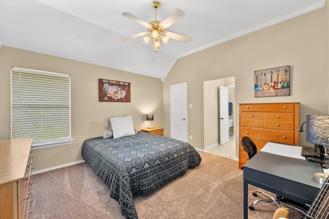 bedroom featuring light colored carpet, vaulted ceiling, ceiling fan, and ornamental molding