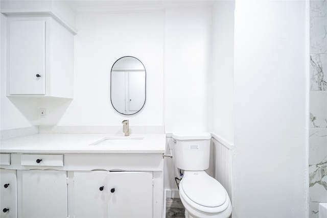 bathroom with vanity, walk in shower, and toilet