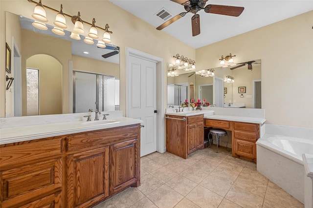 bathroom with plus walk in shower, vanity, tile patterned floors, and ceiling fan