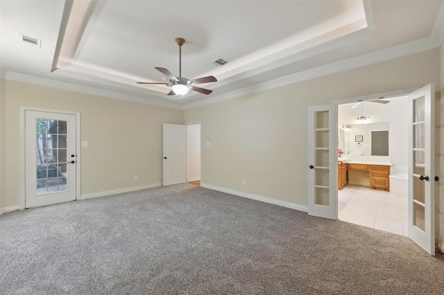 3421 Mindy Ln, Midlothian, TX 76065 - unfurnished bedroom with french doors, a raised ceiling, light colored carpet, ornamental molding, and access to outside
