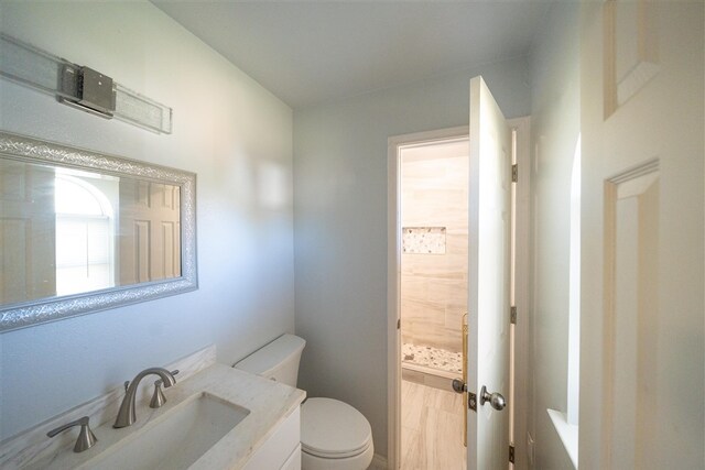 bathroom featuring a shower, vanity, and toilet