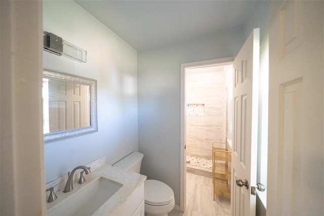 bathroom with a shower, vanity, and toilet