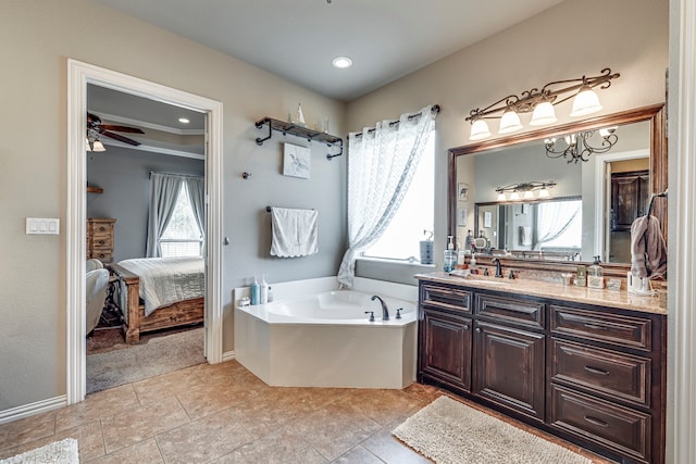 bathroom with vanity, a healthy amount of sunlight, crown molding, and ceiling fan with notable chandelier