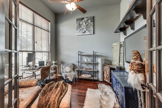 office featuring ceiling fan and dark wood-type flooring