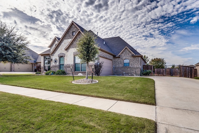 view of front of property with a garage and a front yard