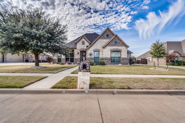 french country inspired facade featuring a front lawn