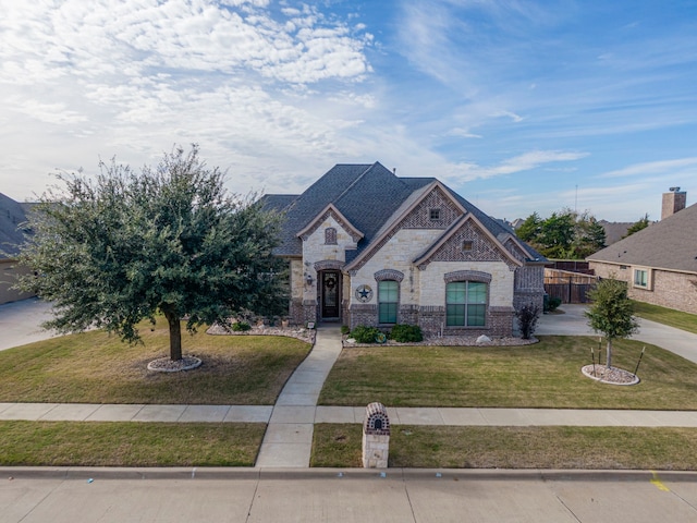 french provincial home with a front lawn