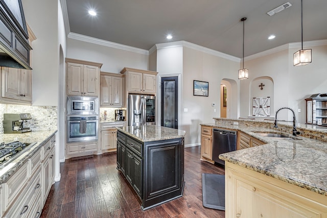 kitchen with light stone countertops, appliances with stainless steel finishes, sink, pendant lighting, and dark hardwood / wood-style floors