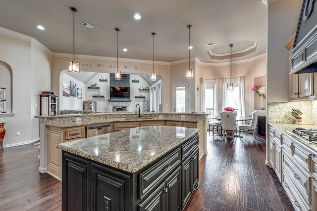 kitchen with hanging light fixtures, dark hardwood / wood-style floors, an island with sink, light stone counters, and stainless steel appliances