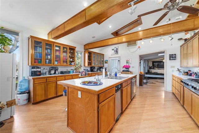 kitchen featuring appliances with stainless steel finishes, ceiling fan, sink, light hardwood / wood-style flooring, and an island with sink