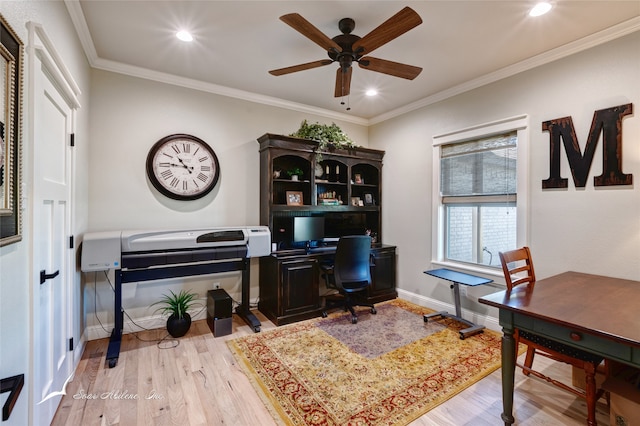 office area with ceiling fan, light wood-type flooring, and crown molding