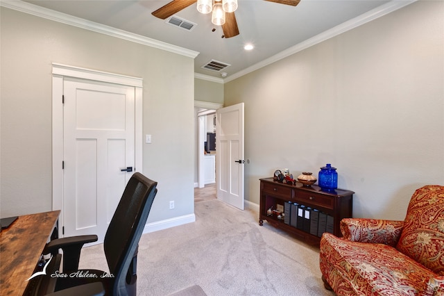 carpeted office with ceiling fan and crown molding