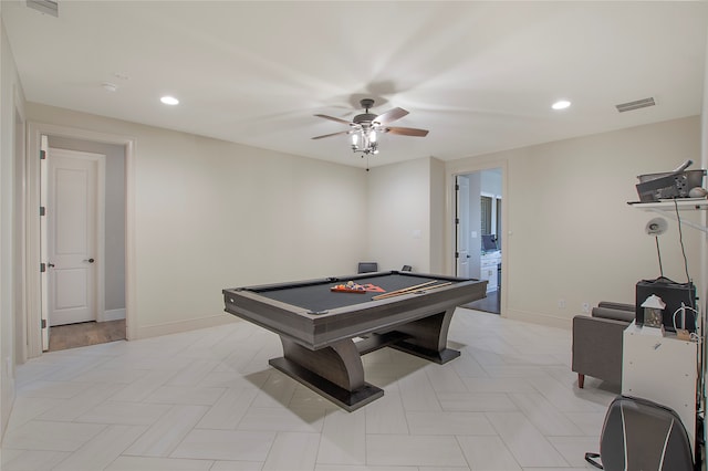 game room with ceiling fan and pool table