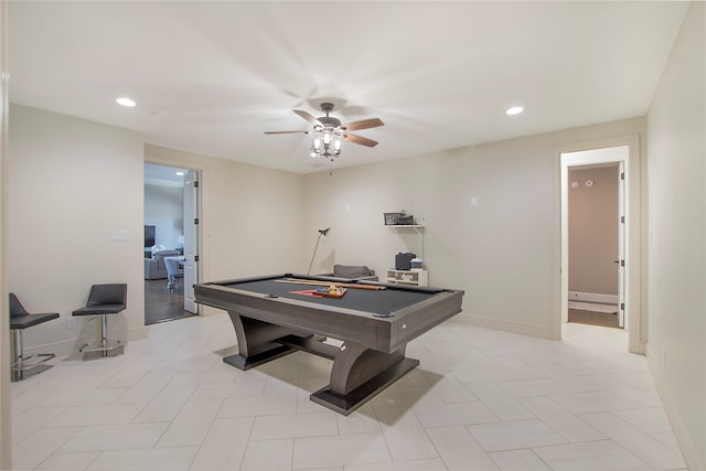 rec room featuring ceiling fan and billiards