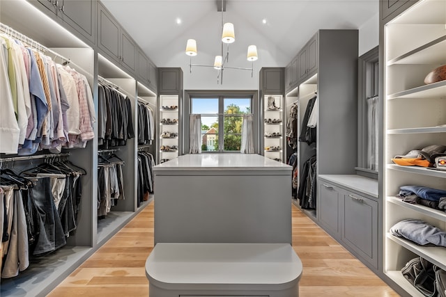 spacious closet with light hardwood / wood-style floors and lofted ceiling