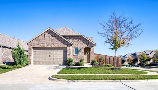 french country style house featuring brick siding, concrete driveway, fence, a garage, and a front lawn