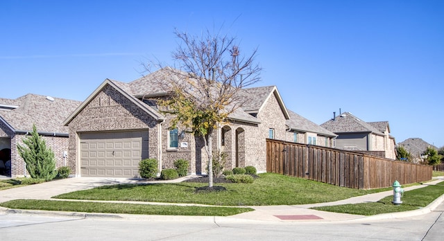 french country inspired facade with a garage, brick siding, fence, concrete driveway, and a front lawn