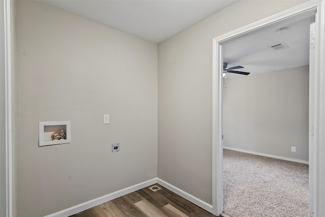 washroom with electric dryer hookup, washer hookup, and dark hardwood / wood-style floors