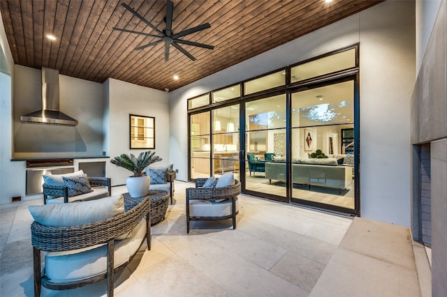 interior space with ceiling fan, expansive windows, and wood ceiling