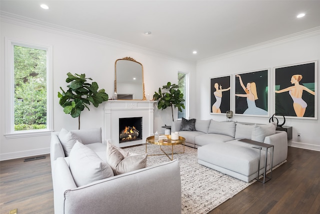 living room with plenty of natural light, ornamental molding, and dark wood-type flooring