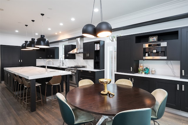 dining area featuring crown molding and dark wood-type flooring