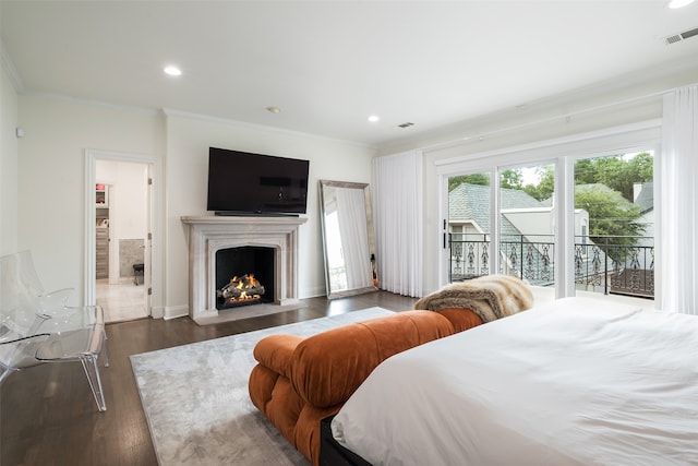 bedroom with access to outside, crown molding, and dark hardwood / wood-style floors