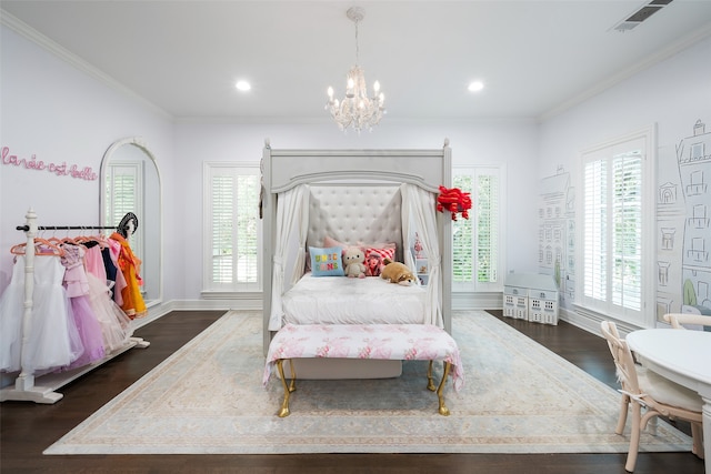 bedroom featuring an inviting chandelier, dark wood-type flooring, and ornamental molding