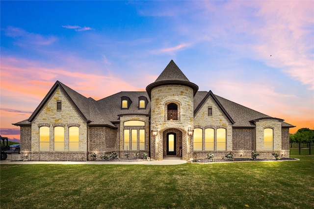 french country home featuring a lawn