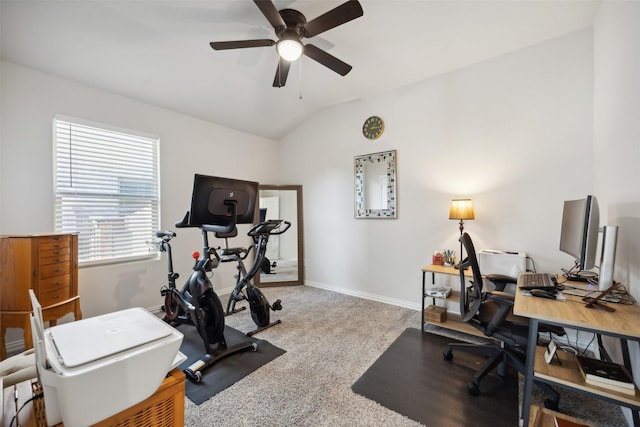 interior space with light carpet, ceiling fan, and lofted ceiling