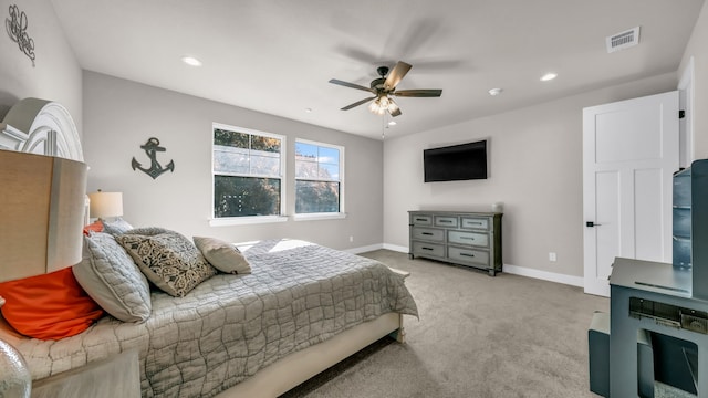 carpeted bedroom with ceiling fan