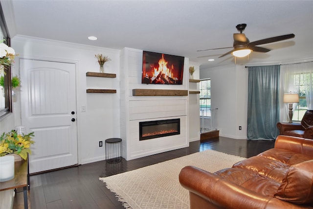 living room with ornamental molding, ceiling fan, dark hardwood / wood-style floors, and a large fireplace