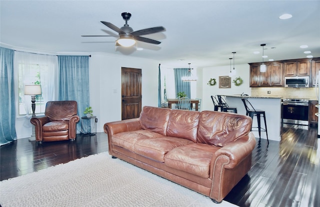 3390 Zion Hill Rd, Weatherford, TX 76088 - living area with recessed lighting, dark wood-style flooring, healthy amount of natural light, a ceiling fan, and baseboards