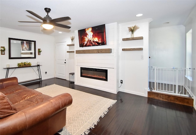 living room with a large fireplace, dark wood-type flooring, crown molding, and ceiling fan