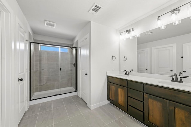 bathroom featuring tile patterned flooring, a sink, visible vents, a shower stall, and double vanity