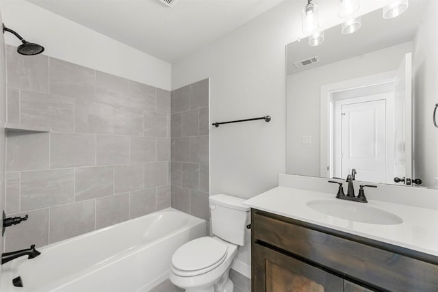 full bath with toilet,  shower combination, vanity, and visible vents