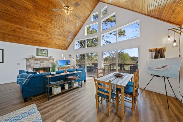 dining area with ceiling fan, wooden ceiling, high vaulted ceiling, a tiled fireplace, and hardwood / wood-style flooring