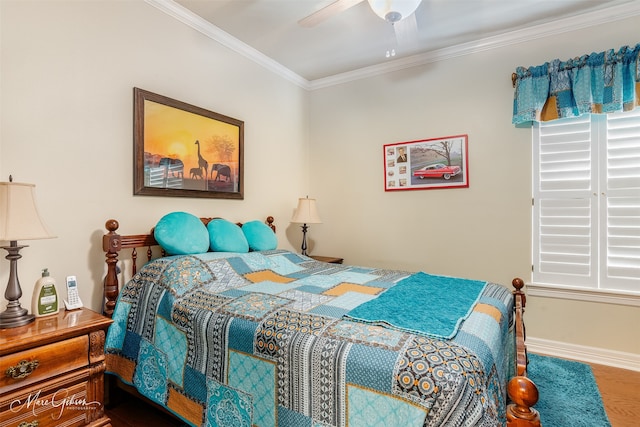 bedroom featuring ceiling fan, ornamental molding, and hardwood / wood-style floors