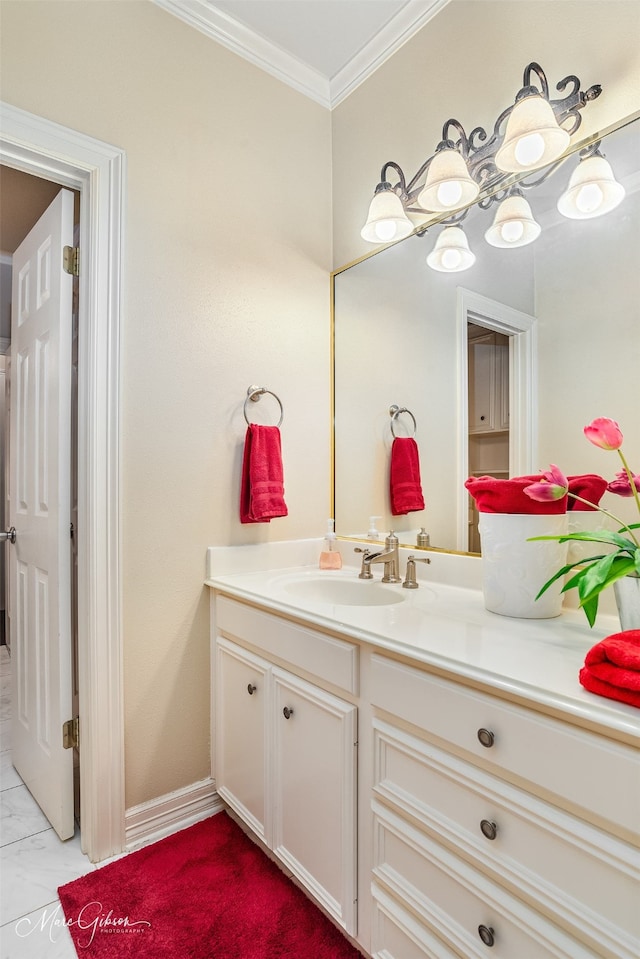 bathroom with vanity and crown molding