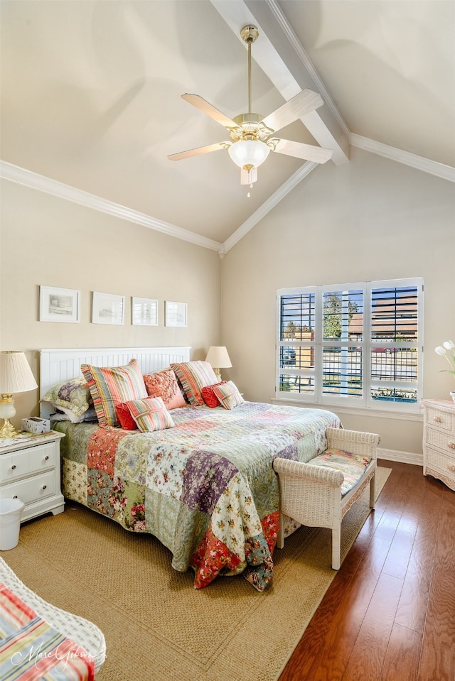 bedroom with lofted ceiling with beams, crown molding, dark wood-type flooring, and ceiling fan