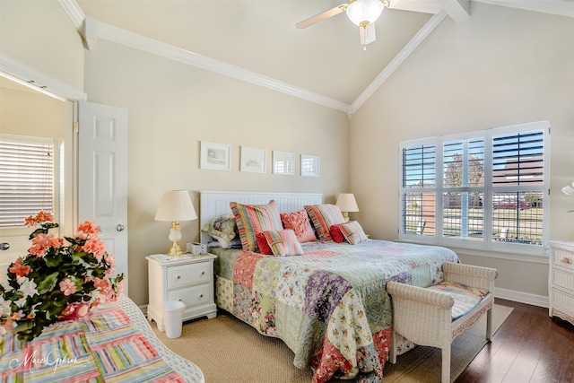 bedroom featuring high vaulted ceiling, ceiling fan, crown molding, dark wood-type flooring, and beam ceiling