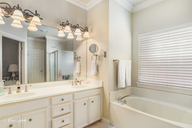 bathroom featuring vanity, crown molding, and shower with separate bathtub