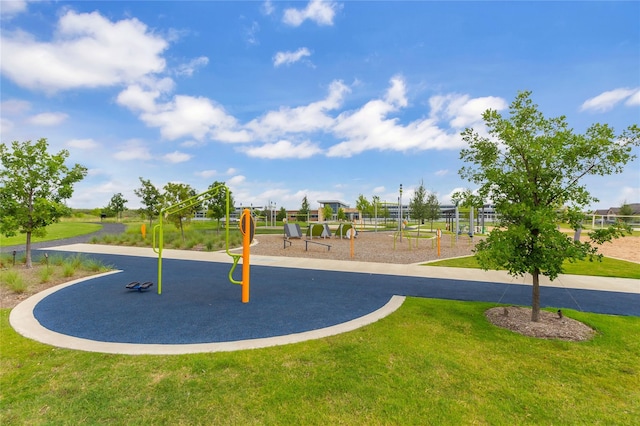 view of jungle gym featuring a yard