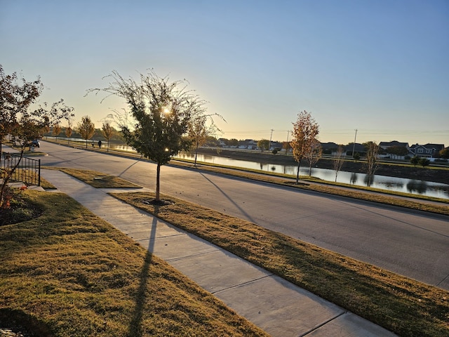 view of road with a water view